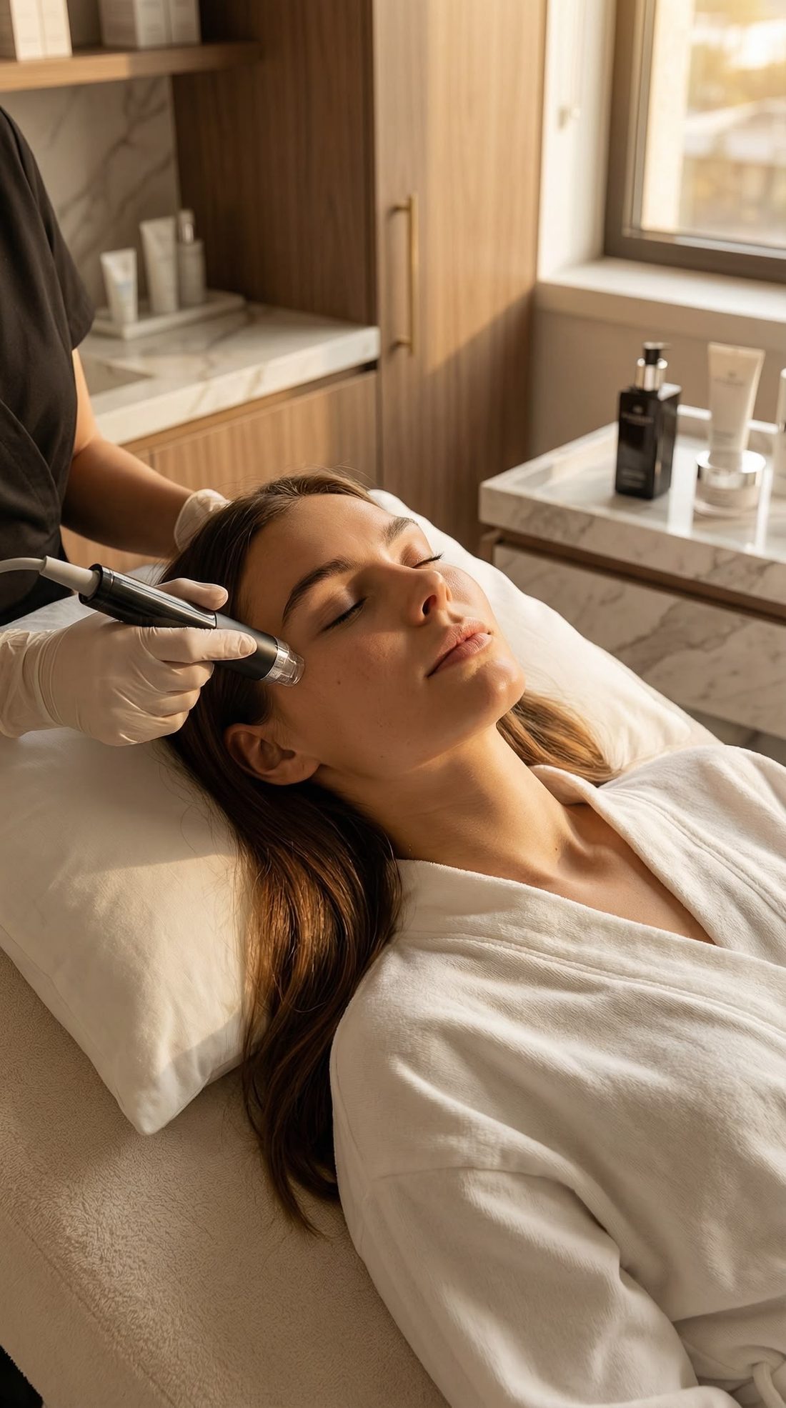 A provider guiding a skin treatment across a relaxed client's cheek in a sunlit room